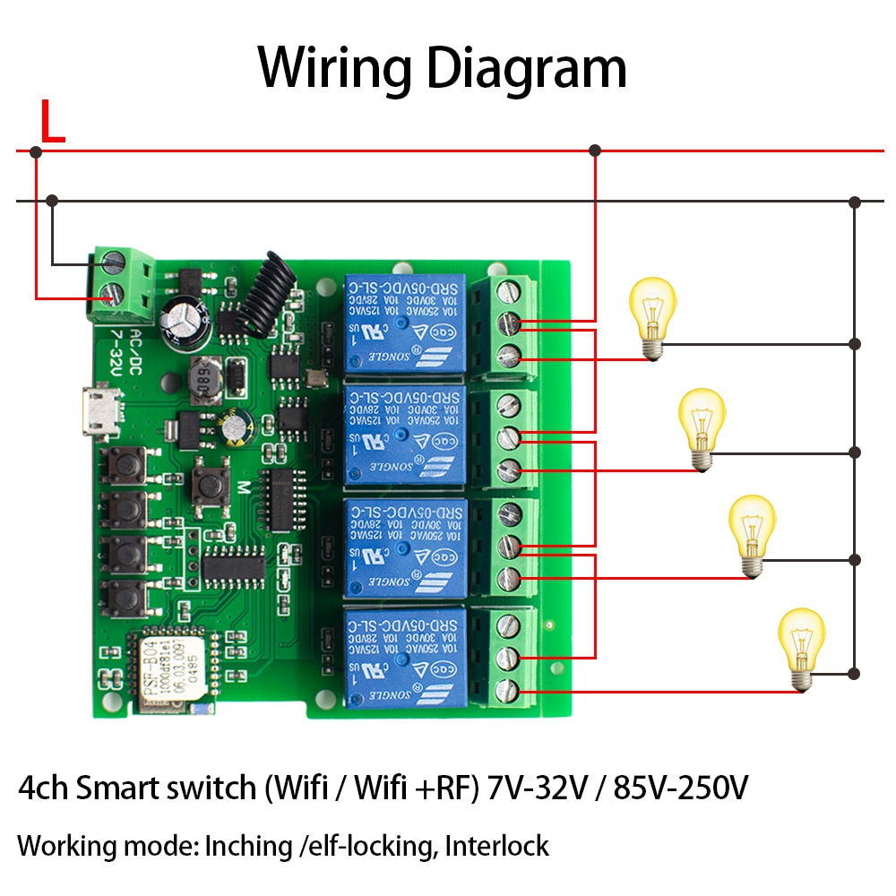 Ewelink Smart Afstandsbediening Wifi Draadloze Schakelaar Module 1CH/4CH DC5V 12V 32V 220V Tippen Zelf-Vergrendeling Rf Ontvangen 10A Relais