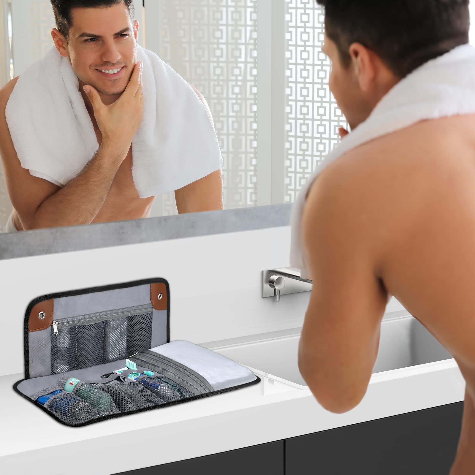 Reisetoalettveske for menn, vannavstøtende universell personlig hygieneveske i pu-skinn, opprullbar dopp-sett, reiseartikler