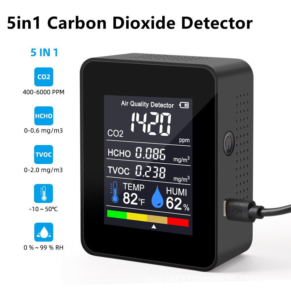 5in1 CO2 Meter Digital Temperature Humidity Tester Multifunctional Carbon Dioxide TVOC HCHO Detector Air Monitor