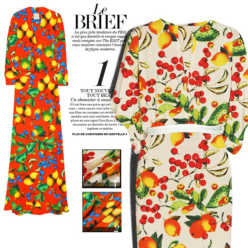 Tela de seda estampada con frutas, 115 cm, 12mm, tela de seda china de crepé, tela de vestido transpirable de verano,