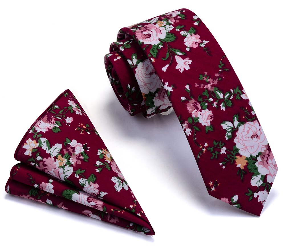 Ricnais 100% Cotton 6cm Slim Pocket Square Necktie Set Red Bule Floral Print Handkerchief Ties Set For Men Party Skinny Neck Tie: 02