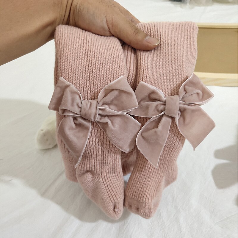 Große samt Band bowknot seite Baby mädchen strumpfhosen Weihnachten baumwolle Kleinkind Baby strumpfhosen für mädchen Gamaschen dicke socken: Rosa / 2 zu 3t