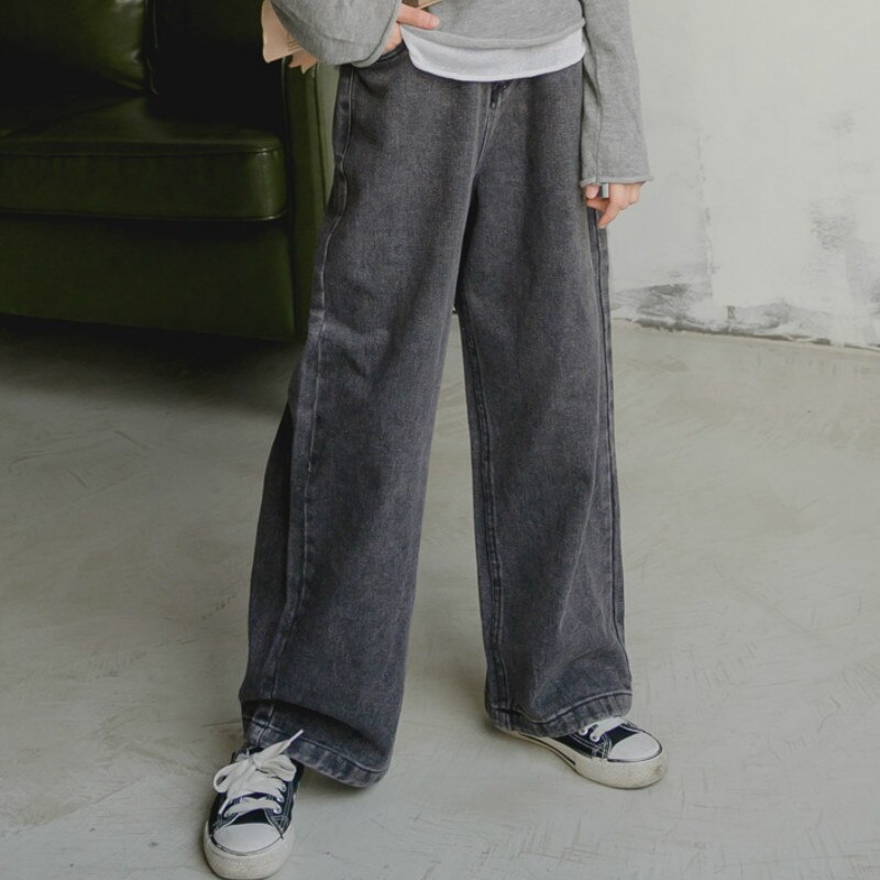 Teenage piger jeans børn efterårs tøj koreansk stil straight jeans børn piger brede ben casual bukser,  #9104: Grå / 6
