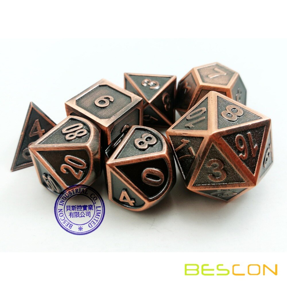 Bescon Stijl Koperen Solide Metalen Polyhedral D & D Dobbelstenen Set Van 7 Koperen Metallic Rpg Rol Playing Game dobbelstenen 7 Pcs Set D4-D20