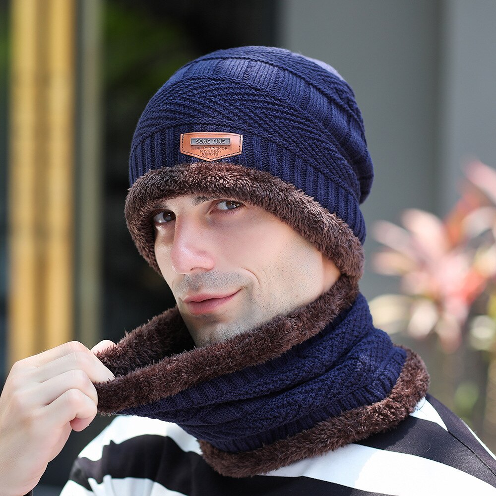 2 stücke Hütte Und Schal Kombination Winter männer Gestrickte Baseball Kappe Plus Samt Gepolsterte Lätzchen Schal Winddicht Und Warme Ich bin freien Warme: Marine