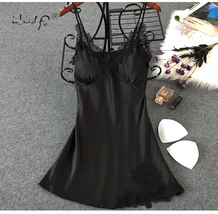 Women Silk Sleepshirts Lace Babydoll Lingerie Satin Chemise Nightgown V Neck Sleepwear Nighty Nightgown wWith Chest Pad Homewear: Black / M