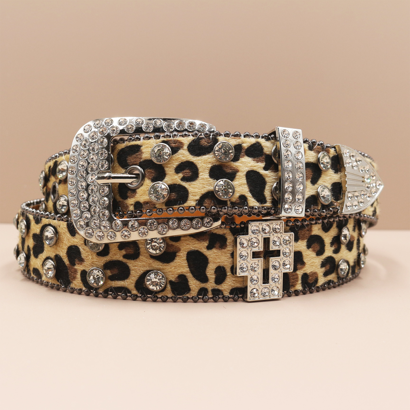 Cinturones con estampado de leopardo de 3,3 cm, cinturón vaquero con diamantes de imitación para mujer, cinturón vaquero occidental con de tachuelas brillantes, cinturones de cuero estilo Punk Rock Y2K: YELLOW / 125 cm