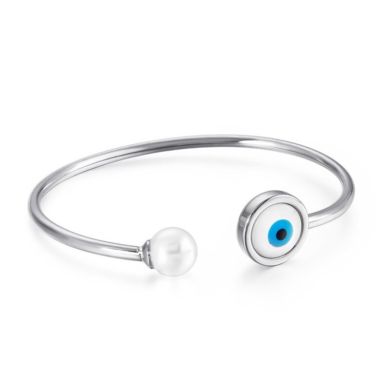 Lucky eye tyrkisk onde øje charme armbånd guld og sølv farve manchet justerbare stål smykker hamsa hånd/kløver/ hjerte: Rundt sølv