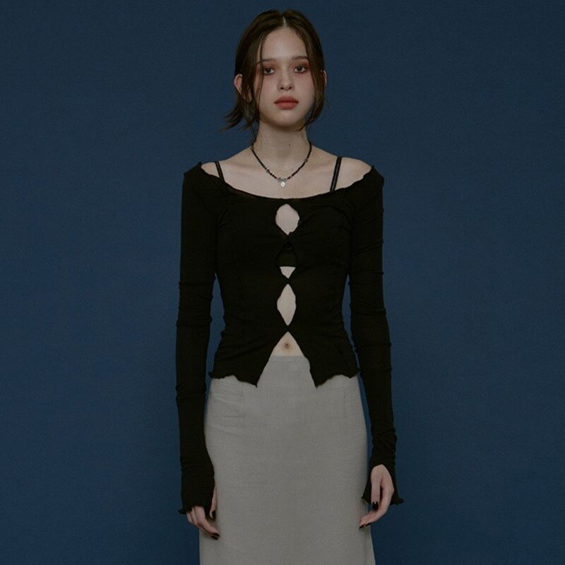 Y2K 90s Aesthetics Solid Hollow Out Long Sleeve T-shirts Vintage Streetwear O-neck Stitch Cropped Tops Autumn Tees