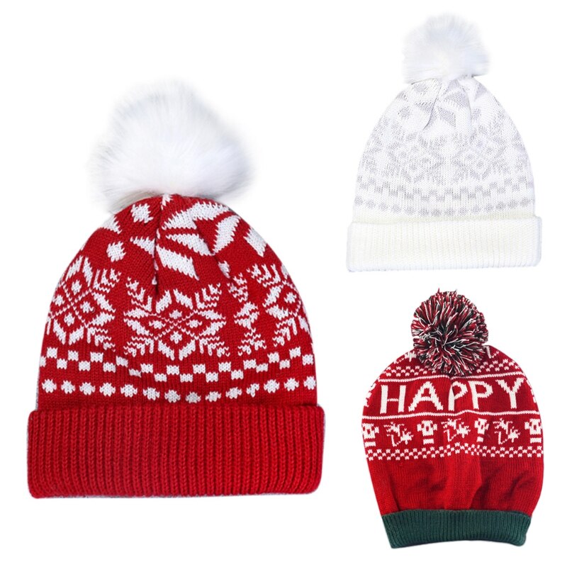 Women Christmas Snowflake Winter Knitted Beanie Hat Cute Fluffy Pompom Stretch Cuffed Skull Cap Ski Ear Warmer