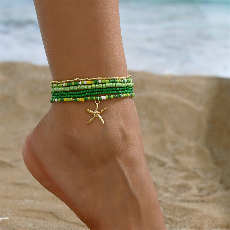 Tobillera bohemia multicapa con cuentas de arroz para mujer, tobilleras con colgante de estrella de mar a la , cadena de tobillo de playa de arena para verano, joyería en la pierna