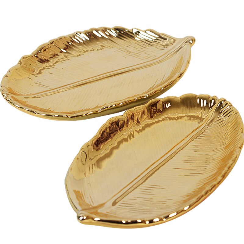 Nordic Ins Gold Leaf Ceramic Storage Tray Gold Leaf Jewelry Tray Dried Fruit Dish Home Decoration