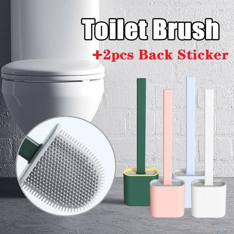 1pc silikon wc toalettbørste veggmontert flatt hode fleksibel myk børste hurtigtørkende holder 2 stk back stick baderomstilbehør