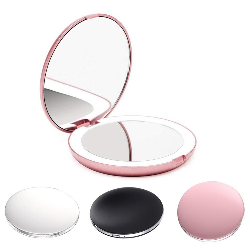 Led Light Mini Makeup Mirror Compact Pocket Face Lip Cosmetic Mirror Travel Portable Lighting Mirror 1X/5X Magnifying Foldable
