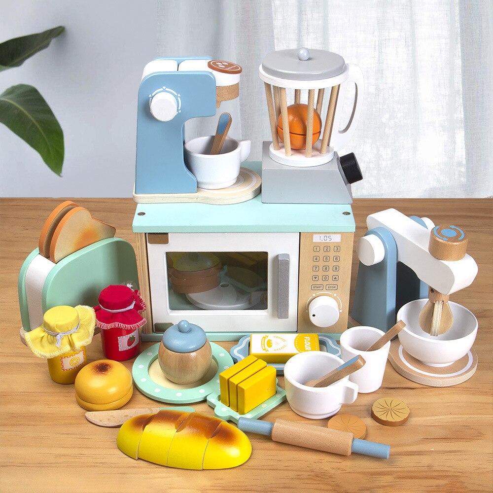 Kitchen Pretend Play Toy Wooden Simulation Coffee Machine Toaster Machine Mixer Juicer Baby Early Learning Educational Toys