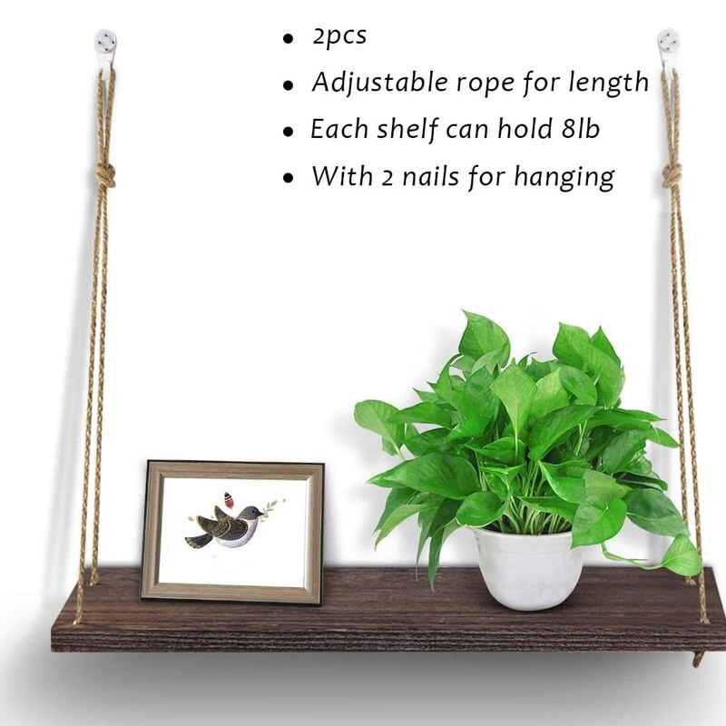 Hanging Shelves Wall Mounted Wood Shelves with 2 Rings Lightweight and Durable Farmhouse Rope Shelves