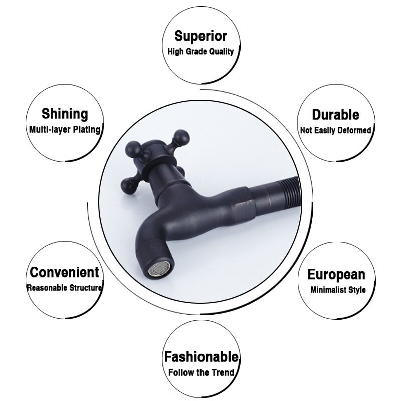 Black Washing Machine Tap Antique Brass Wall Mounted Single Cold Water Bibcock Kitchen Bathroom Basin Faucet Outdoor Garden Taps