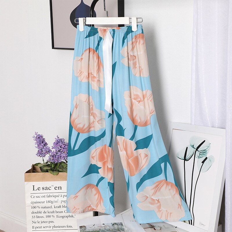 summer large size cotton home pants Korean girls' sweet loose wide leg pajamas: Army Green