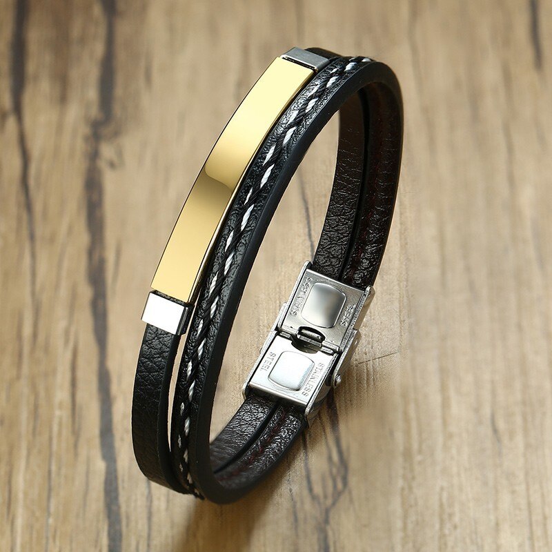 Zwart Lederen Armband Voor Mannen Vrouw Hand Charm Sieraden Multi-layer Handgemaakte Cadeau Voor Cool Jongens Mannelijke Gentleman Hem: Gold