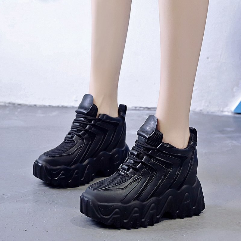 Høst kvinner kile joggesko plattform 10cm høyde økende gule fritidssko dame chunky vulkanisere sko kvinne: Svart / 39