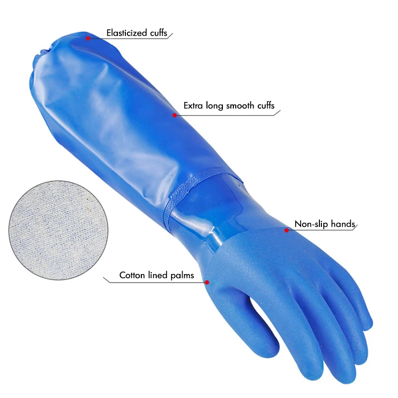 60cm PVC Chemical Gloves, Thick Rubber Work Gloves with Cotton Lining, Heavy-Duty, Acid, Alkali and Oil, Non-Slip, рабочие