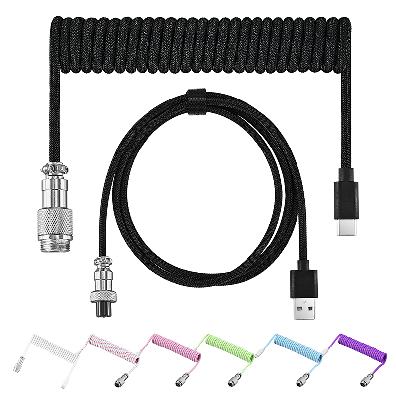 Cavo A Spirale USB-C Con Connettore Aviator Staccabile - Doppia Guaina - Per Tastiera Meccanica (Nero Con Spina Arancione)