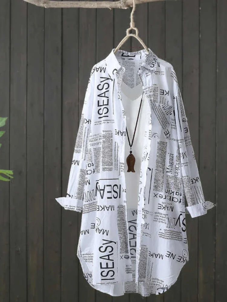 Plus size afslappet print bogstaver mellemlang bluse kvinder efterårsbluse langærmede skjorter koreansk stil damebluser chikke bluser: L / Sort