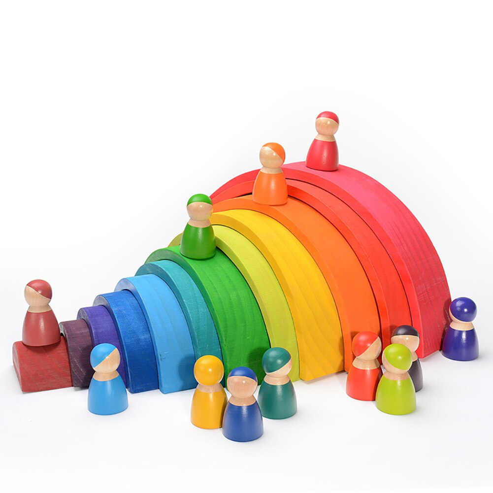 12 Puzzles Wooden Rainbow Tunnel Stacker Nesting Sculpture Building Kids Toy