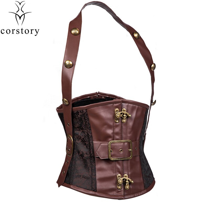 Corstory Retro Brown Leather&Brocade Steel Boned Halter Steampunk Underbust Gothic Underbust Corset Belt Waistcoat