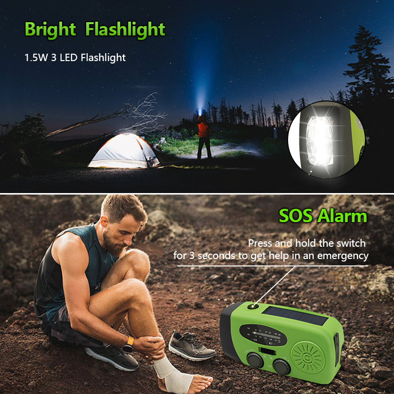 2000 mAh Radio awaryjne Wielofunkcyjne radio z korbą ręczną na energię słoneczną FM AM WB NOAA Radio pogodowe Ładowanie USB 3 latarki LED