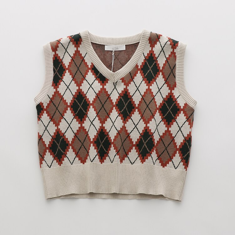 Chaleco de punto de estilo pijo para mujer, suéter de rombos sin mangas a cuadros, prendas de vestir cortas, Top holgado informal con cuello en V: apricot