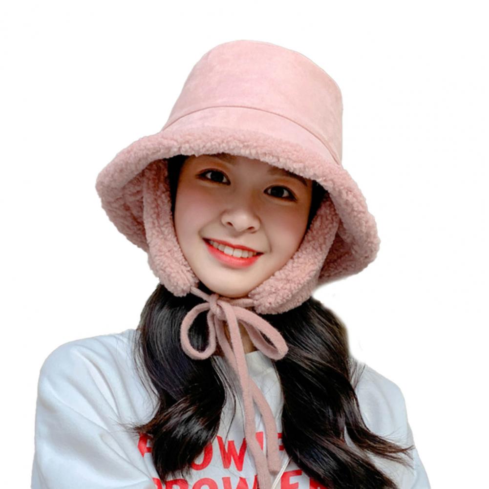 Women Hat Ear Flap Lace Up Bucket Hat Wide Brim Women Solid Color Cashmere Lined Fisherman Cap for Autumn Winter: Pink