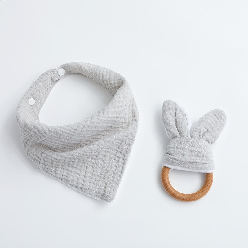 2 Stks/set Baby Jongen Meisje Driehoekige Sjaal Speeksel Tissue Molars Ring Houten Bijtring Set Katoenen Mousseline Slabbetjes Effen Kleur Burp doek: Gray