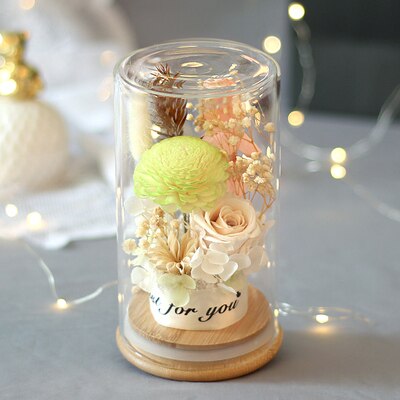 Preserved Flower Rose Glass In A Dome Dried Flower Bouquet For Valentine's Day Girlfriends Birthday Wedding: Round yellow