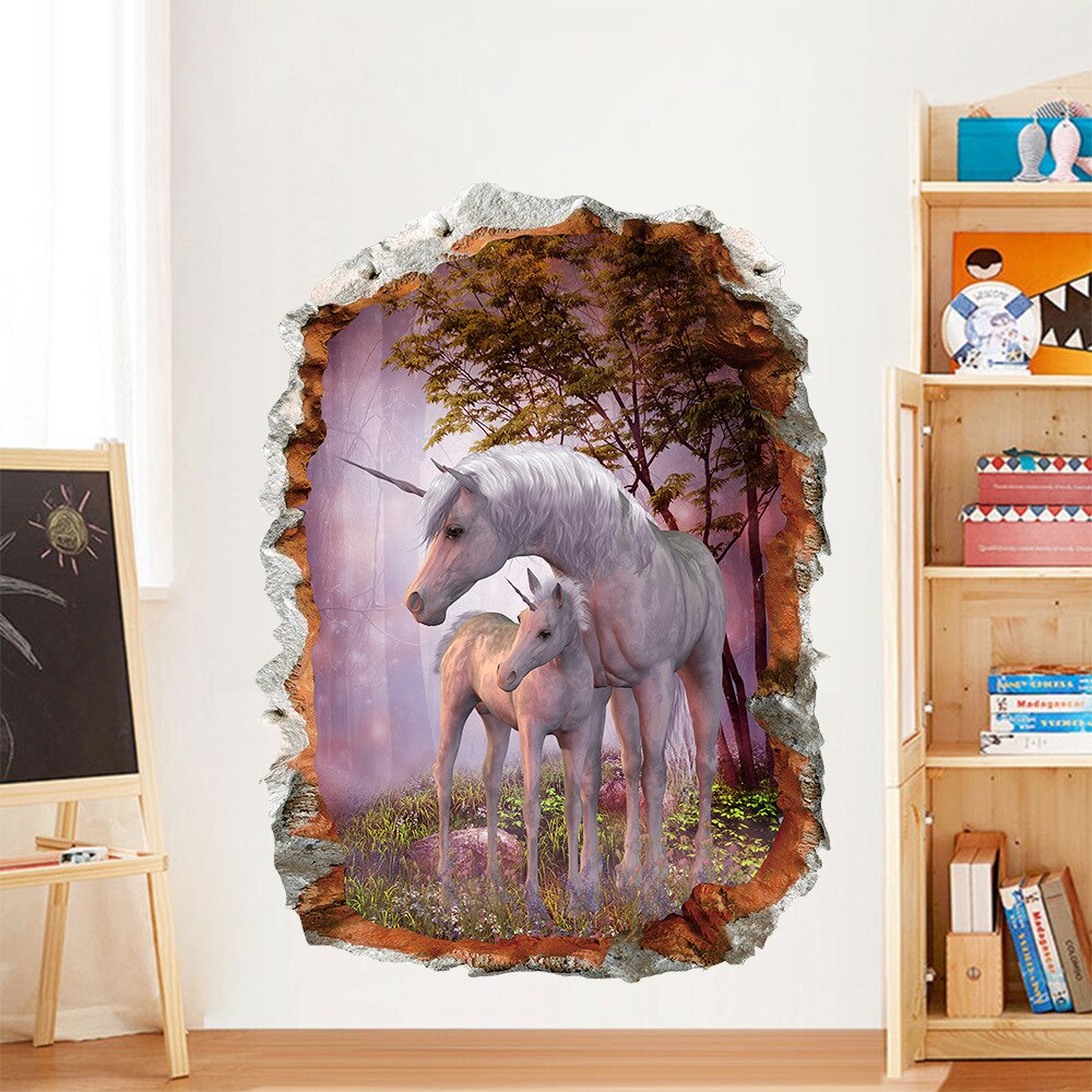 3D Unicorn Wall Stickers Living Room Bedroom Children's Room Wallpaper Decorative Painting Green Wallpaper Sticker Mural