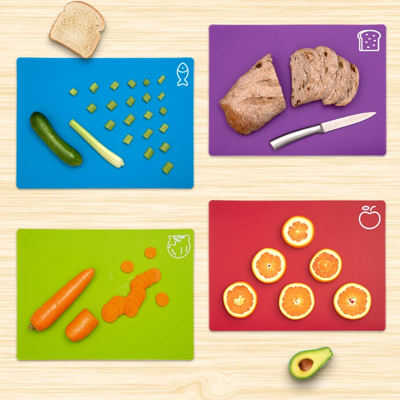 Tablas de cortar flexibles, tablas de plástico sin BPA para cocina, tapete de corte antideslizante para carne y verduras con iconos de alimentos