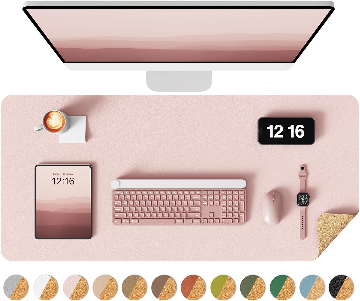 Dubbelzijdig bureauonderlegger, lederen bureaumat, eco kurk bureauonderlegger, grote muismat, waterdichte bureaulipotter voor kantoor/thuis: 90x45 cm / Roze