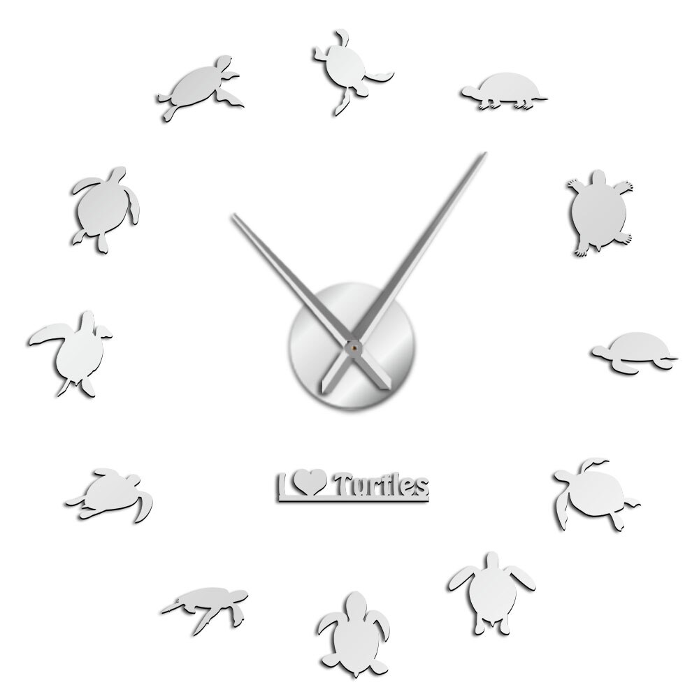 Frameless I Love Turtles Giant 3D DIY Wall Clock Sea Turtle Marine Animal Acrylic Simple DIY Big Time Clock Mirror Effect: Silver / 47inch