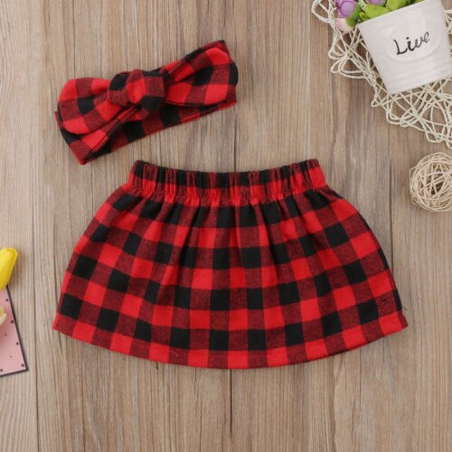 3-18M Pretty Christmas Kids Baby Girls Xmas Plaid Skirts + Headband Outfit Clothes 2Pcs