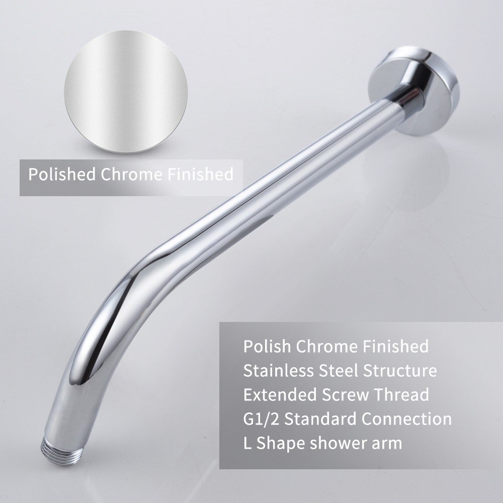 L-Shaped Shower Arm Extension With Flange 16 Inch Length Stainless Steel in Polished Chrome Replacement for Rainfall Shower Head