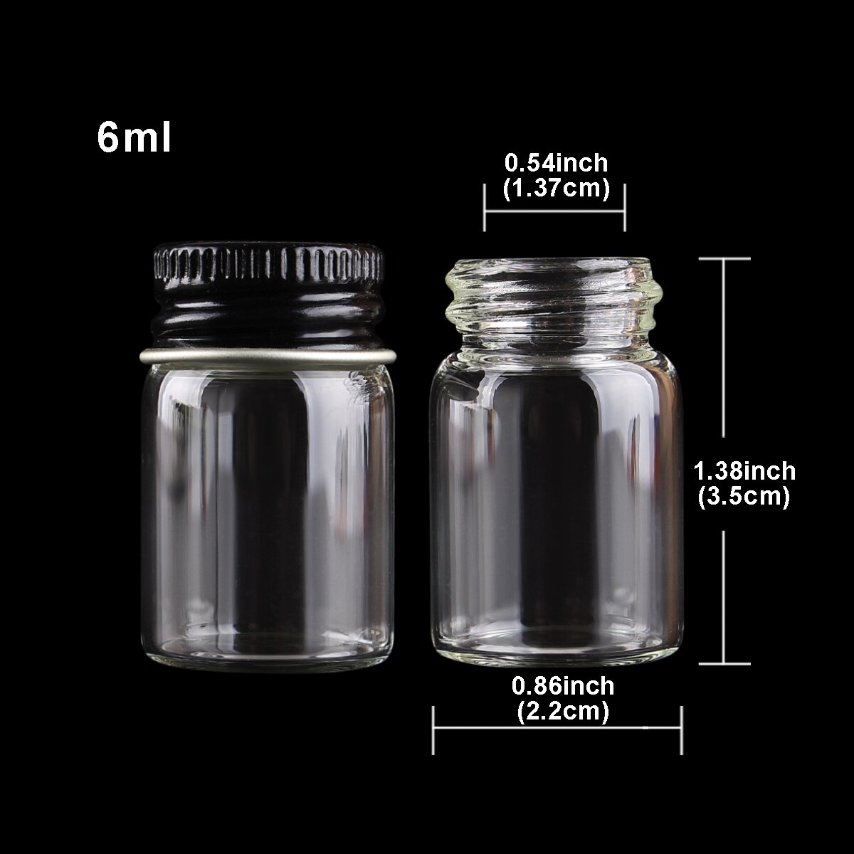 48 Stuks Diameter 22 Mm Glazen Flessen Met Zwarte Aluminium Caps 5-14 Ml Kleine Glazen Potten Wedding Craft 5 Maten U-Pick: 6ml