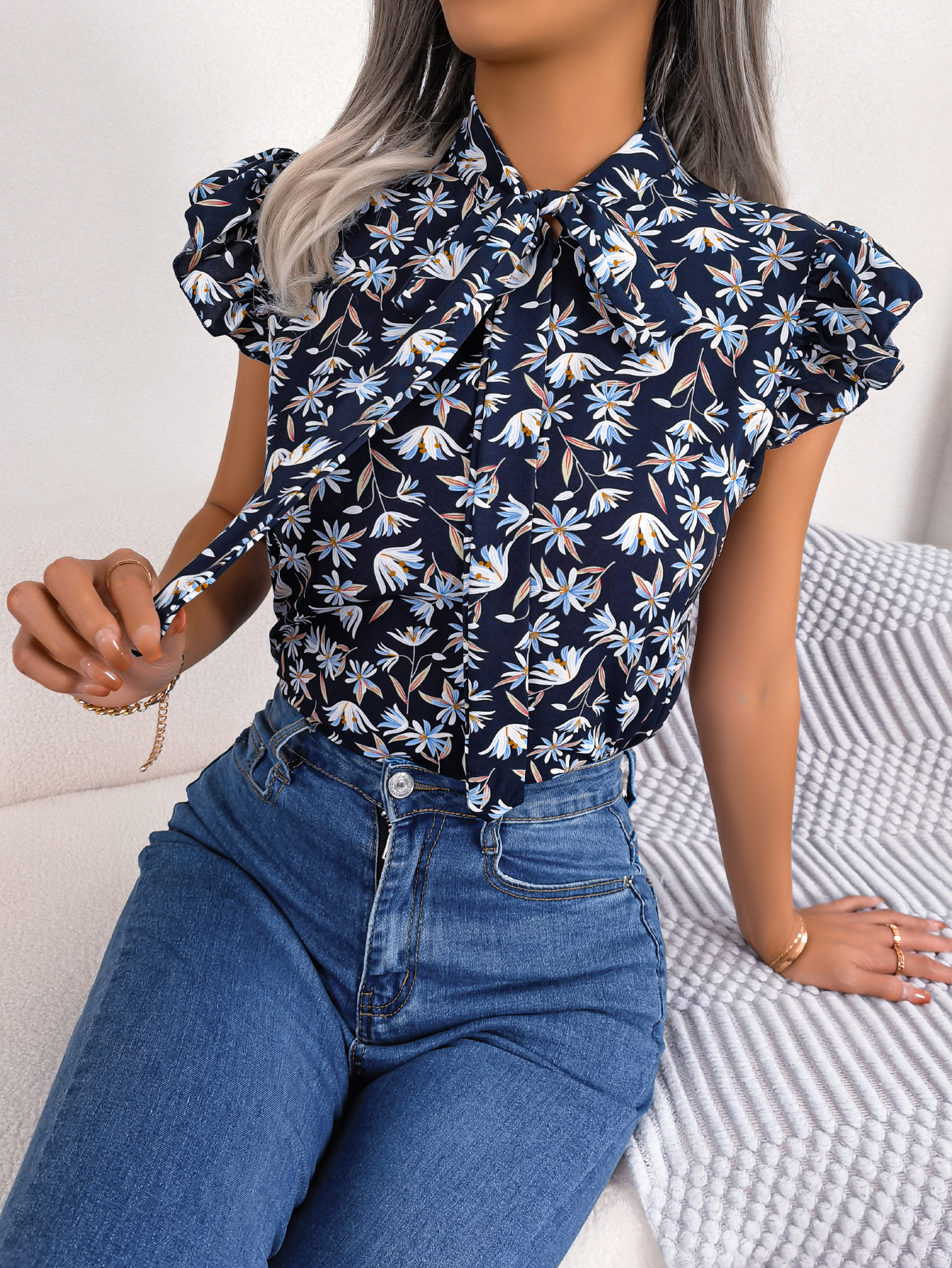 Blusa informal con estampado Floral para mujer, blusa de gasa con volantes y lazo, Top de verano: L / Azul marino
