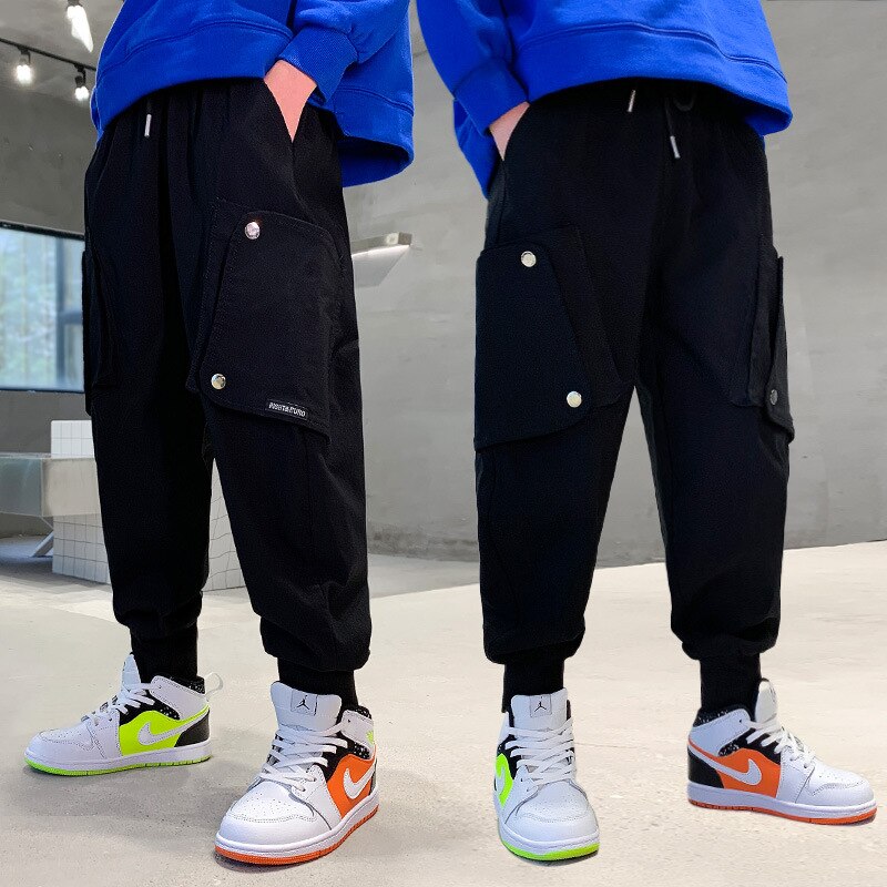 Pantalon Cargo uni pour garçon et adolescent de 4 à 14 ans, multi-poches, style Streetwear décontracté, collection printemps et automne
