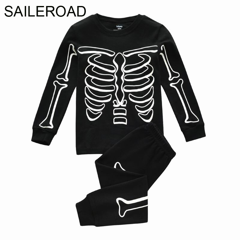 Saileroad 2-7 anos halloween noctilucence pijamas crânio para meninos outono crianças pijamas conjuntos de roupas para crianças kit