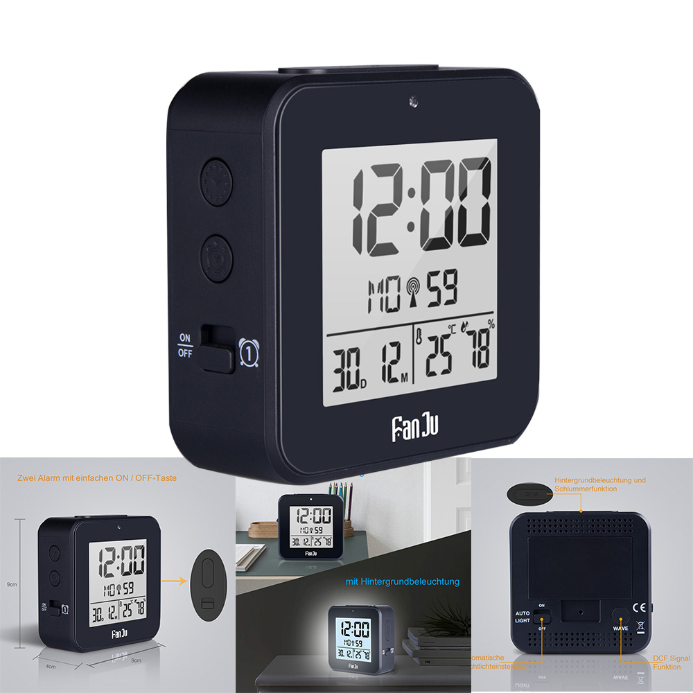 Digital Alarm Clock LED DCF Radio Dual Alarm Automatic Backlight Electronic Temperature Humidity Table Time Office