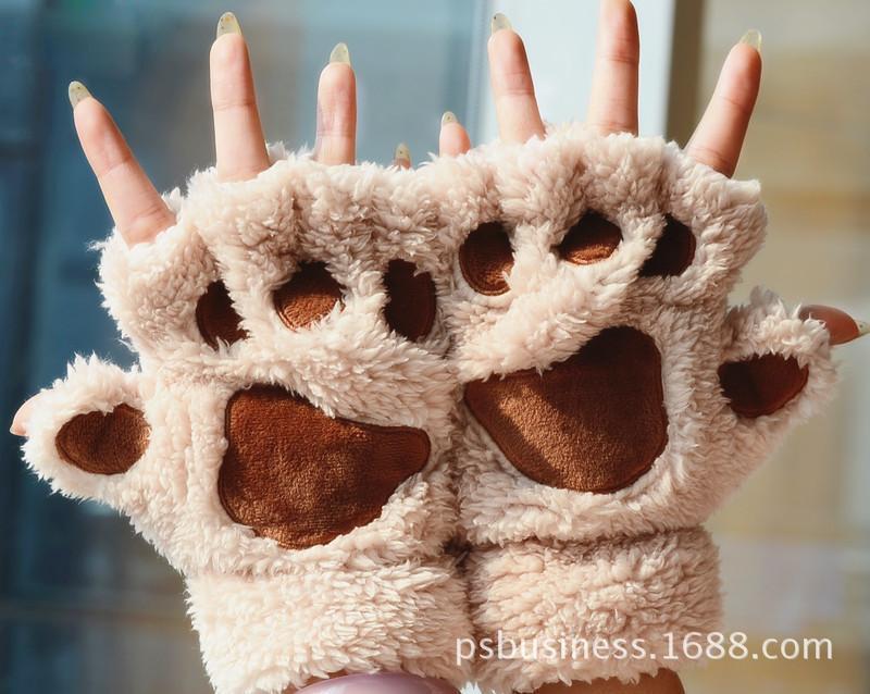Cat Claw Gloves Winter Cute Cartoon Cat Girl Naked Gloves Thicker Fluffy Bear's Paw Half Finger Gloves