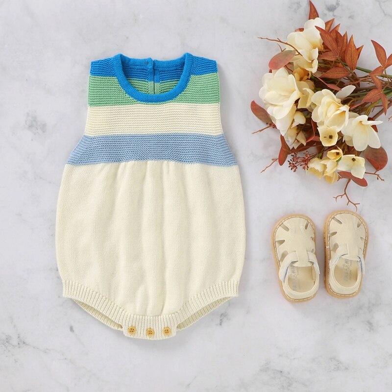 Newborn Infant Baby Romper Sleeveless Winter Girl Boy Knitted Warm Stripe Strap Bodysuit