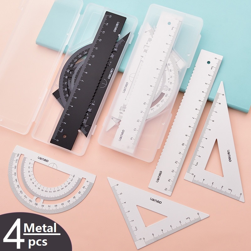 1 sæt 4 stk metal lineal sæt matematik sæt lige lineal trekantet lineal vinkelmåler klar skala elever skoleartikler delikatesse 79510