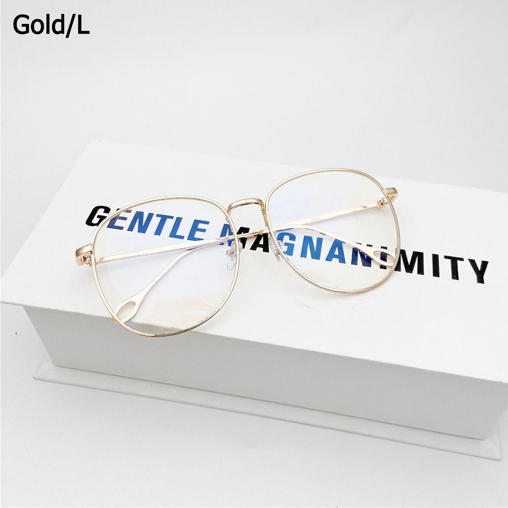 Unisex Big Round Frame Glasses Metal Fram Eyeglasses Women Men Retro Optical Glasses Flat Mirror Eyewear: gold-L