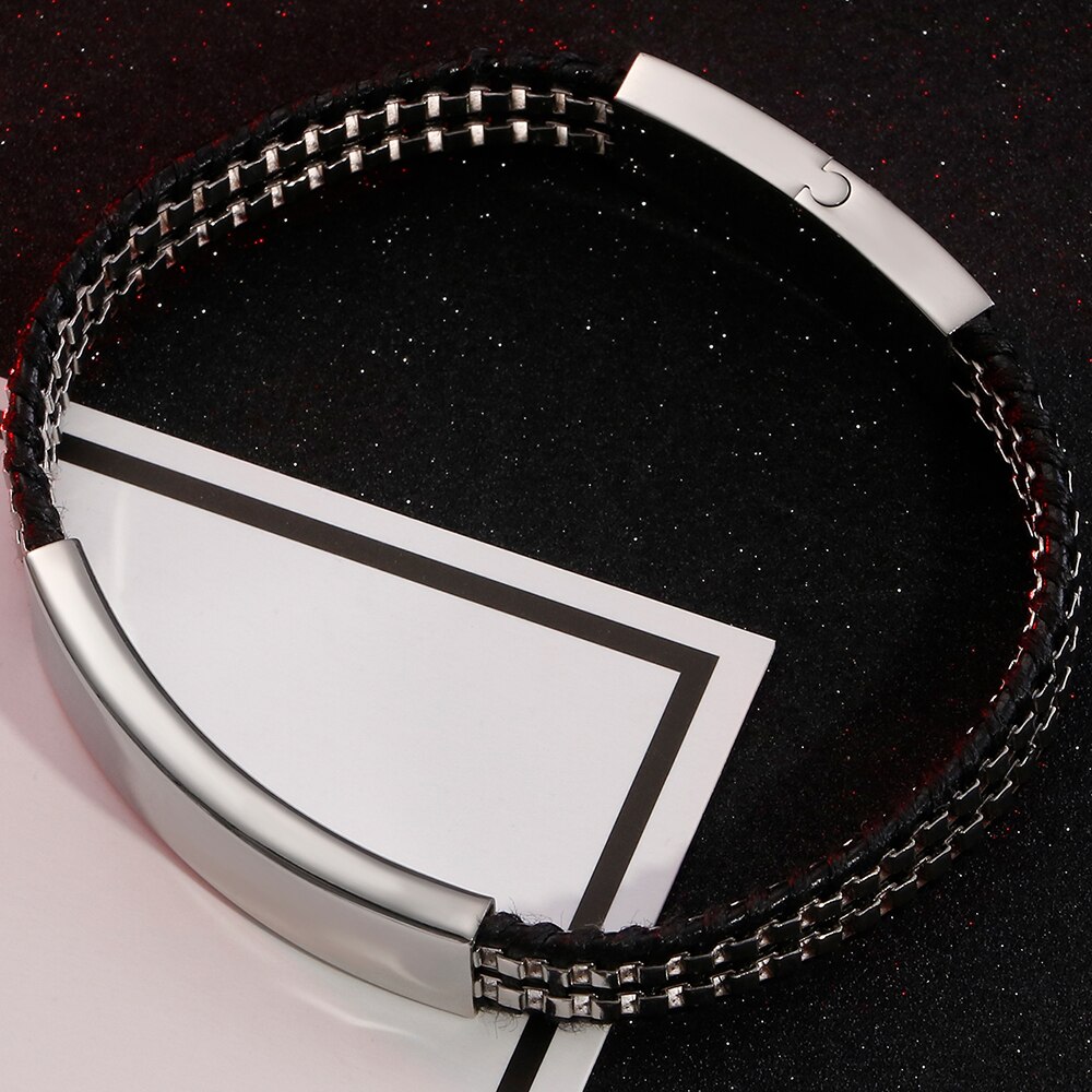Friendship Bracelets Double Layer Stainless Steel & Leather ID Bracelet For Men Name Logo Engrave Engagement For Boyfriend